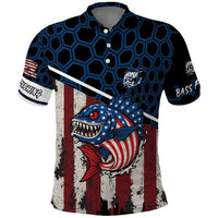 Aggressive Bass Fishing Polo Shirt with American Flag Pattern on Grunge Hex Background - Wonder Print Shop