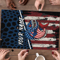 Aggressive Bass Fishing Puzzle with American Flag Pattern on Grunge Hex Background - Wonder Print Shop