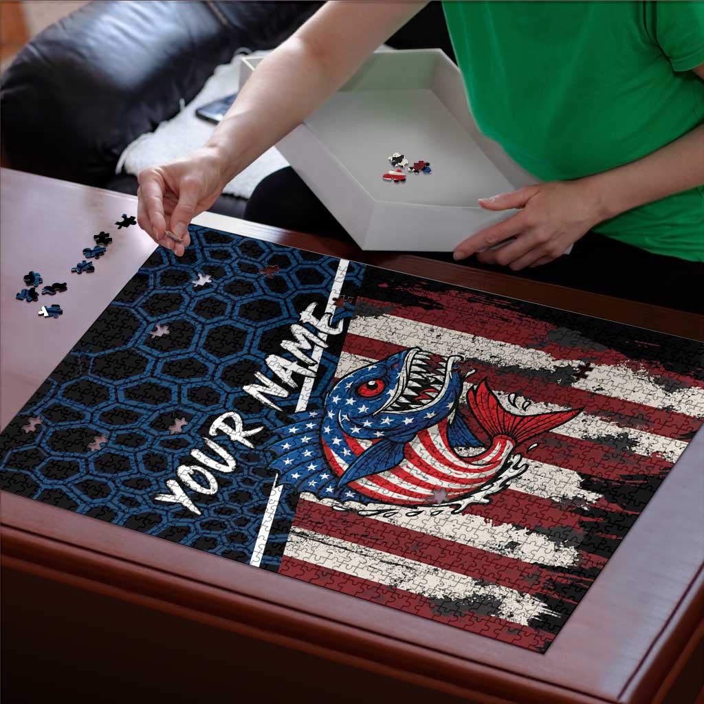 Aggressive Bass Fishing Puzzle with American Flag Pattern on Grunge Hex Background - Wonder Print Shop