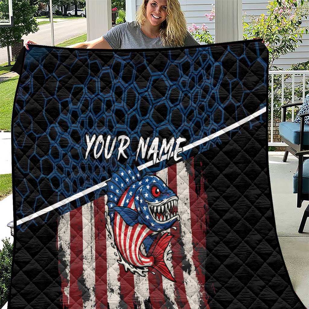 Aggressive Bass Fishing Quilt with American Flag Pattern on Grunge Hex Background - Wonder Print Shop