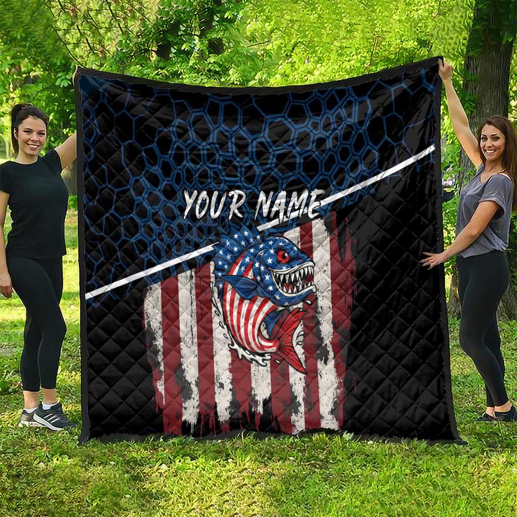 Aggressive Bass Fishing Quilt with American Flag Pattern on Grunge Hex Background - Wonder Print Shop
