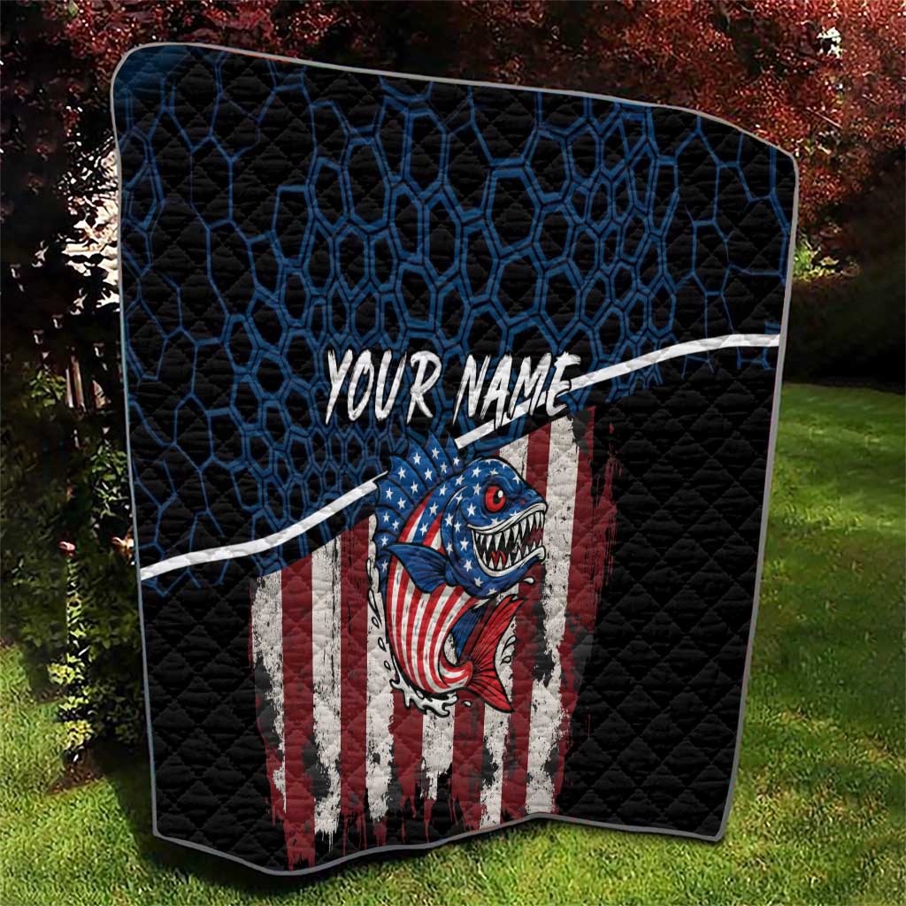 Aggressive Bass Fishing Quilt with American Flag Pattern on Grunge Hex Background - Wonder Print Shop