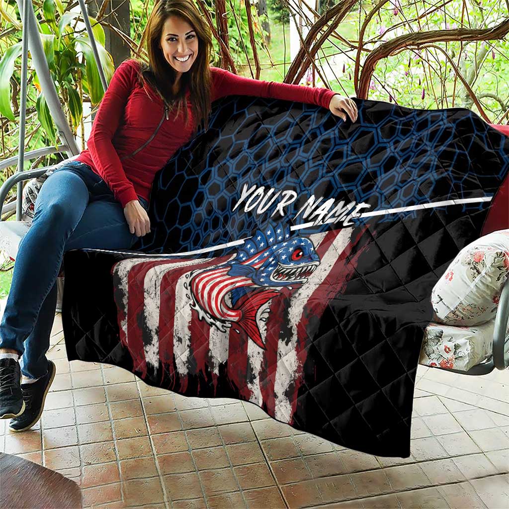 Aggressive Bass Fishing Quilt with American Flag Pattern on Grunge Hex Background - Wonder Print Shop