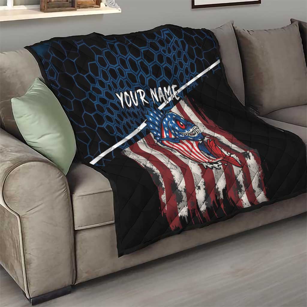 Aggressive Bass Fishing Quilt with American Flag Pattern on Grunge Hex Background - Wonder Print Shop