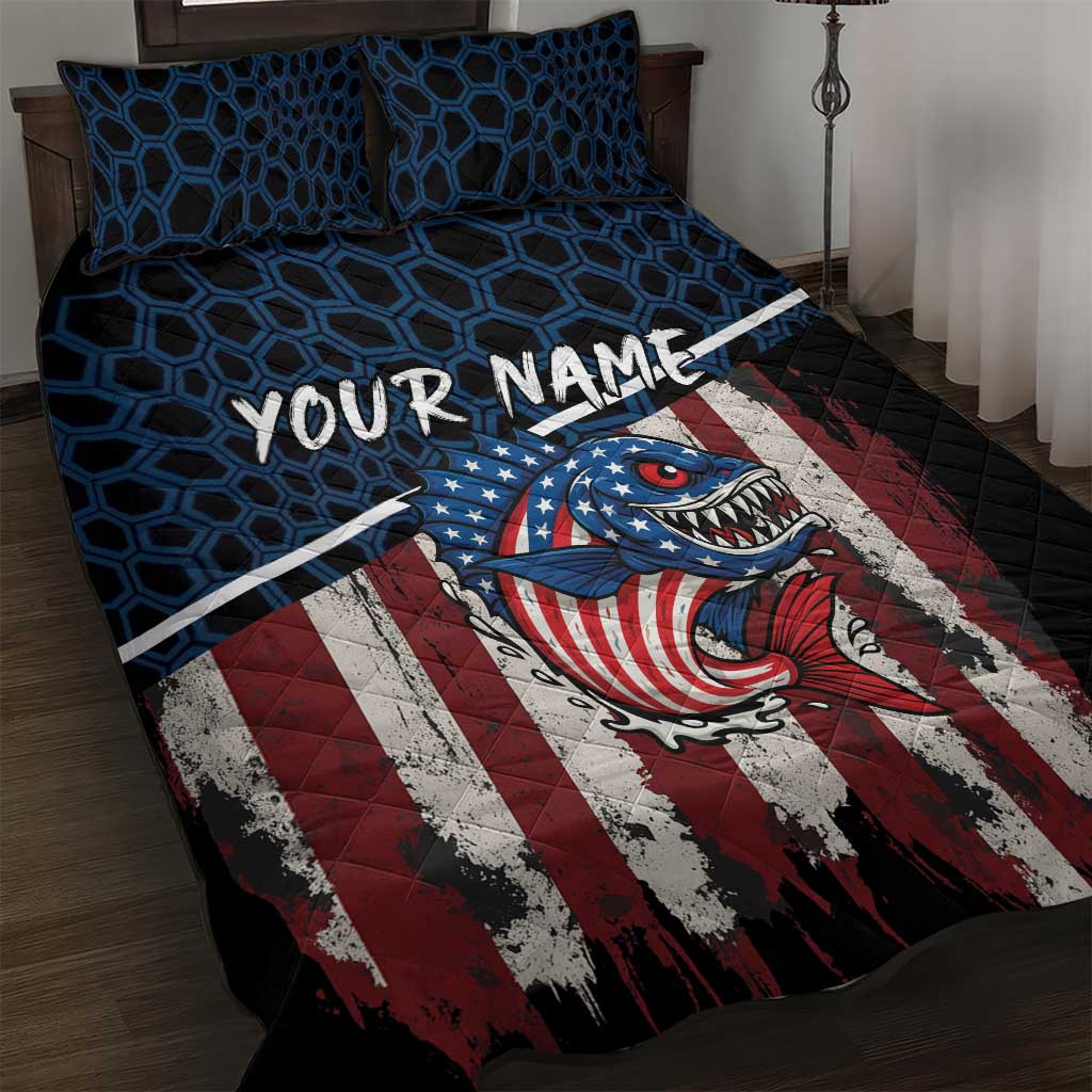 Aggressive Bass Fishing Quilt Bed Set with American Flag Pattern on Grunge Hex Background - Wonder Print Shop