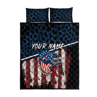 Aggressive Bass Fishing Quilt Bed Set with American Flag Pattern on Grunge Hex Background - Wonder Print Shop