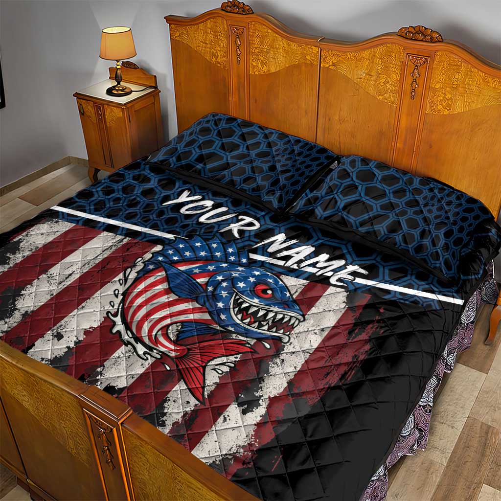 Aggressive Bass Fishing Quilt Bed Set with American Flag Pattern on Grunge Hex Background - Wonder Print Shop