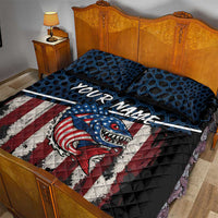 Aggressive Bass Fishing Quilt Bed Set with American Flag Pattern on Grunge Hex Background - Wonder Print Shop