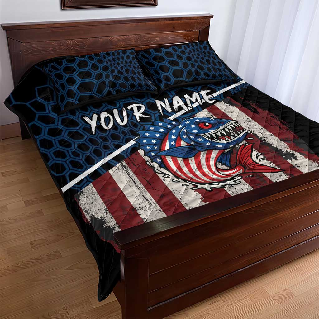 Aggressive Bass Fishing Quilt Bed Set with American Flag Pattern on Grunge Hex Background - Wonder Print Shop