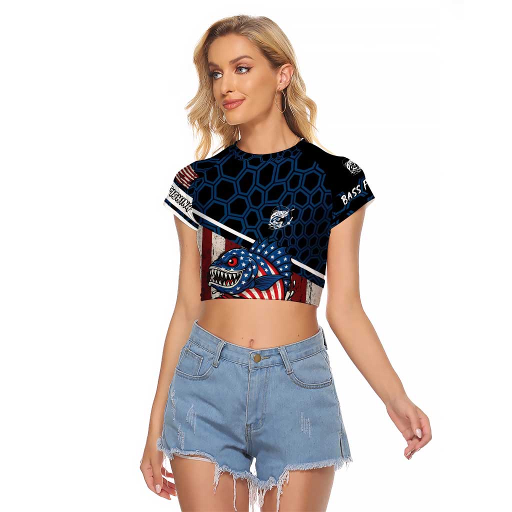 Aggressive Bass Fishing Raglan Cropped T Shirt with American Flag Pattern on Grunge Hex Background - Wonder Print Shop