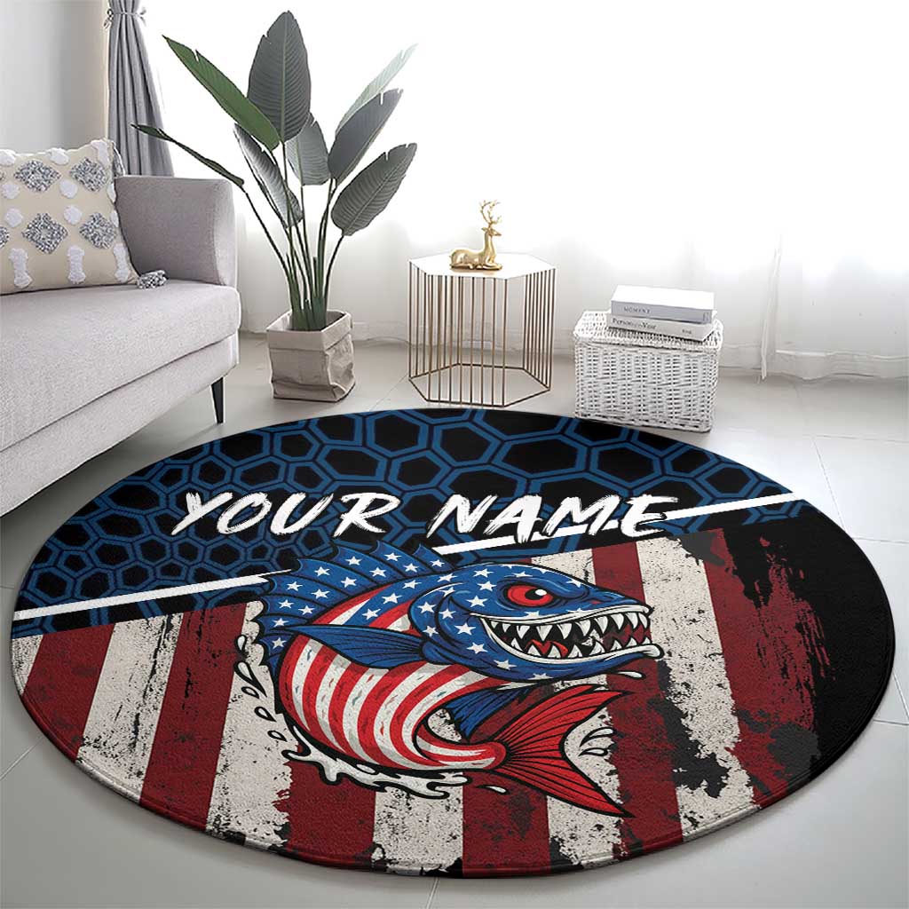 Aggressive Bass Fishing Round Carpet with American Flag Pattern on Grunge Hex Background - Wonder Print Shop