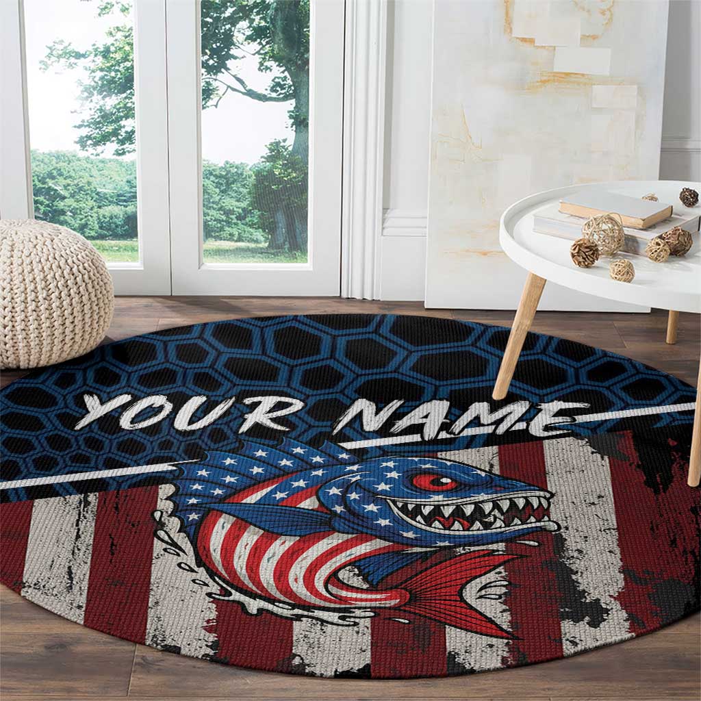 Aggressive Bass Fishing Round Carpet with American Flag Pattern on Grunge Hex Background - Wonder Print Shop