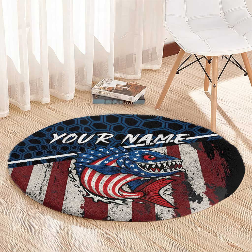 Aggressive Bass Fishing Round Carpet with American Flag Pattern on Grunge Hex Background - Wonder Print Shop
