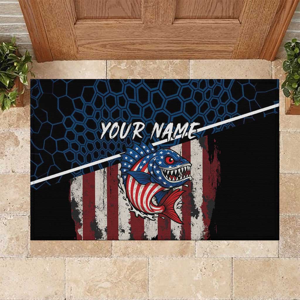 Aggressive Bass Fishing Rubber Doormat with American Flag Pattern on Grunge Hex Background - Wonder Print Shop