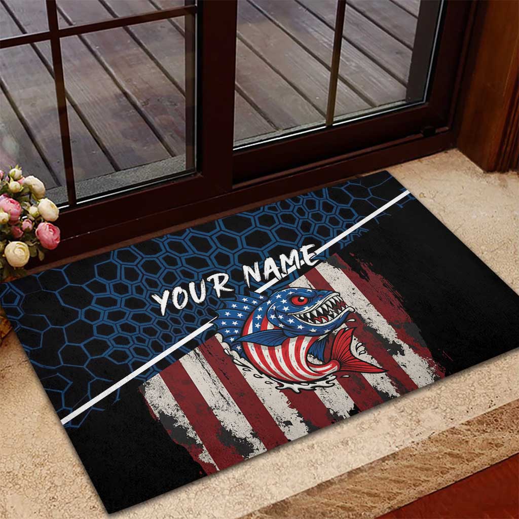 Aggressive Bass Fishing Rubber Doormat with American Flag Pattern on Grunge Hex Background - Wonder Print Shop