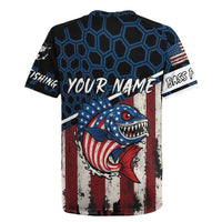 Aggressive Bass Fishing Rugby Jersey with American Flag Pattern on Grunge Hex Background - Wonder Print Shop