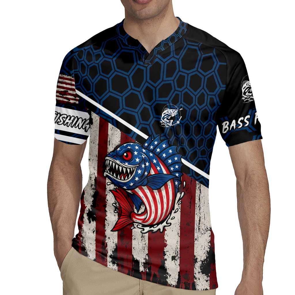 Aggressive Bass Fishing Rugby Jersey with American Flag Pattern on Grunge Hex Background - Wonder Print Shop