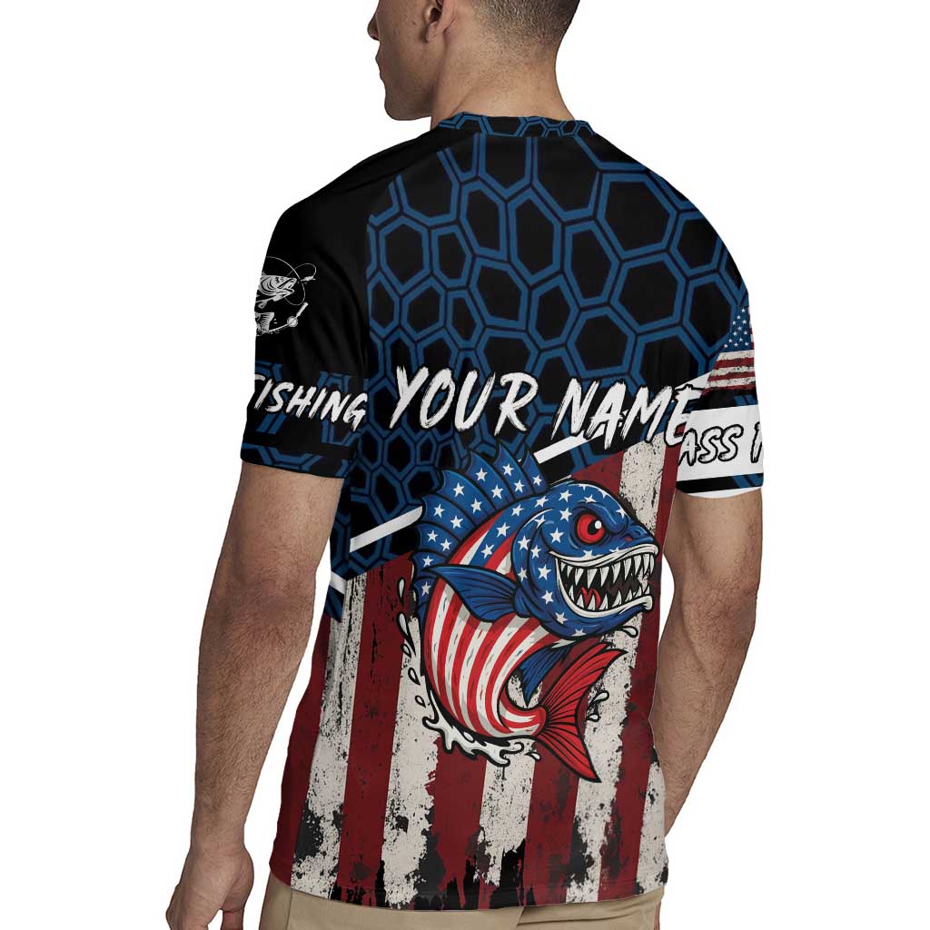 Aggressive Bass Fishing Rugby Jersey with American Flag Pattern on Grunge Hex Background - Wonder Print Shop