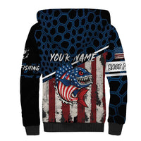Aggressive Bass Fishing Sherpa Hoodie with American Flag Pattern on Grunge Hex Background - Wonder Print Shop