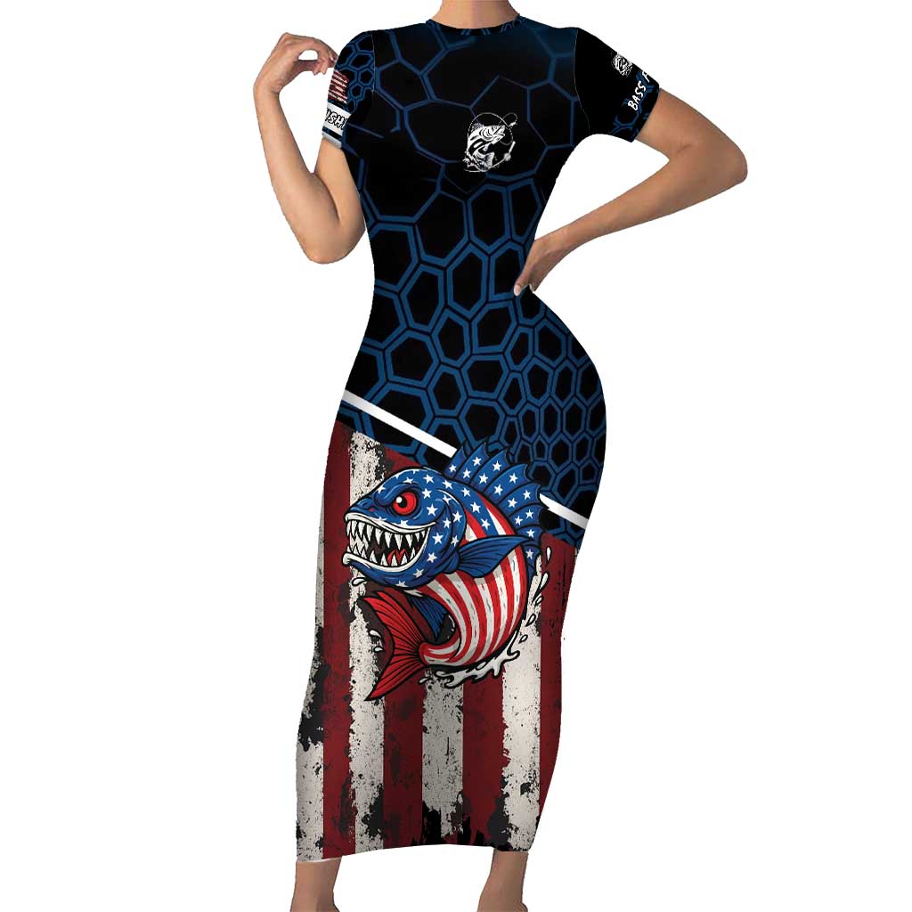 Aggressive Bass Fishing Short Sleeve Bodycon Dress with American Flag Pattern on Grunge Hex Background - Wonder Print Shop