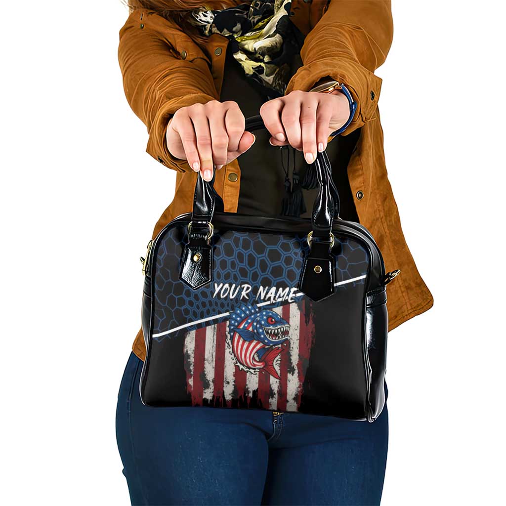 Aggressive Bass Fishing Shoulder Handbag with American Flag Pattern on Grunge Hex Background - Wonder Print Shop