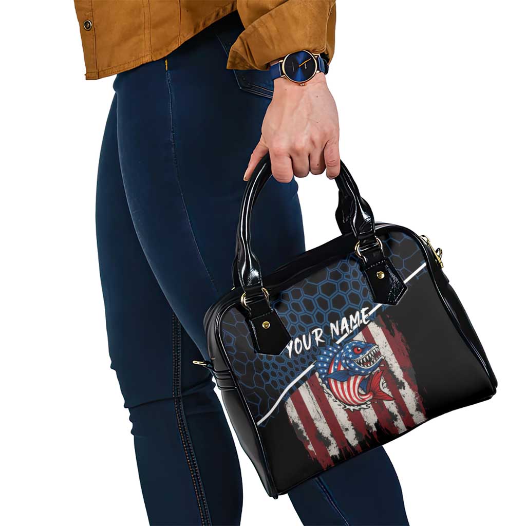 Aggressive Bass Fishing Shoulder Handbag with American Flag Pattern on Grunge Hex Background - Wonder Print Shop