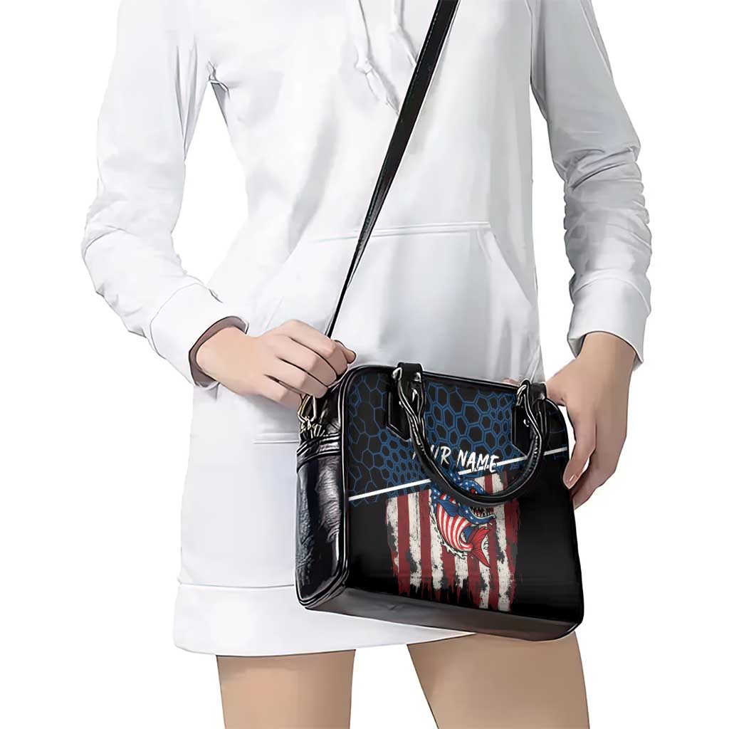 Aggressive Bass Fishing Shoulder Handbag with American Flag Pattern on Grunge Hex Background - Wonder Print Shop