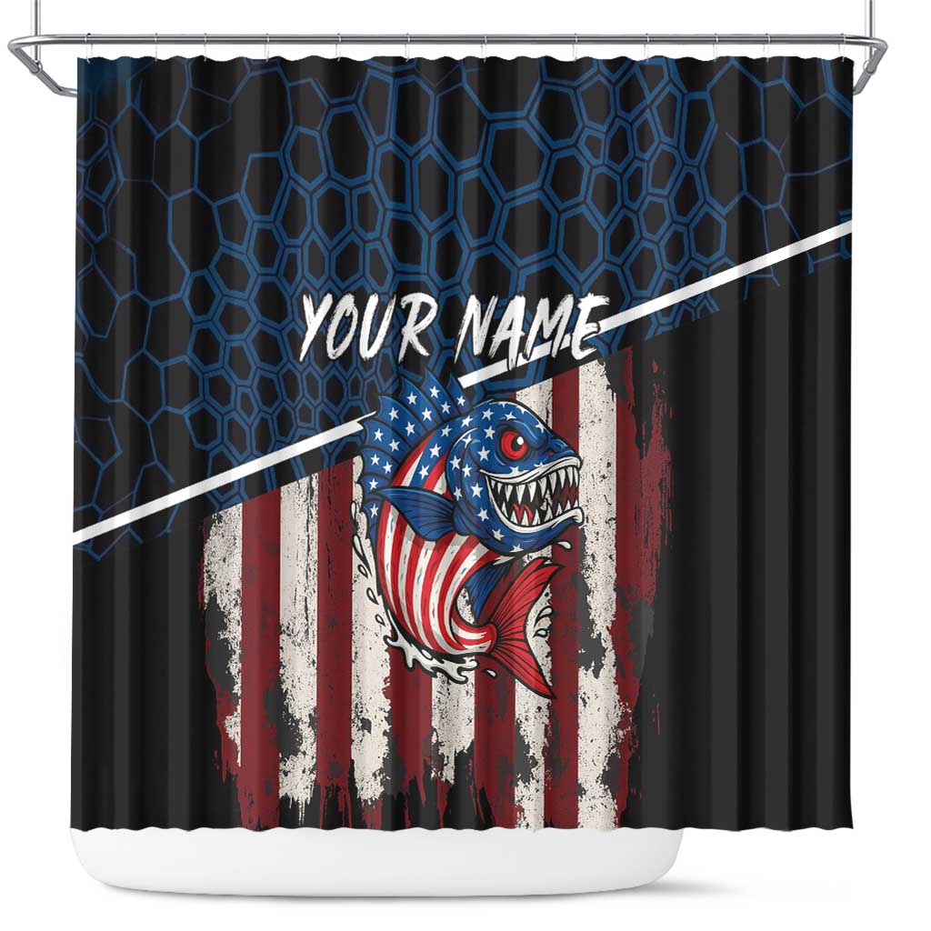 Aggressive Bass Fishing Shower Curtain with American Flag Pattern on Grunge Hex Background - Wonder Print Shop