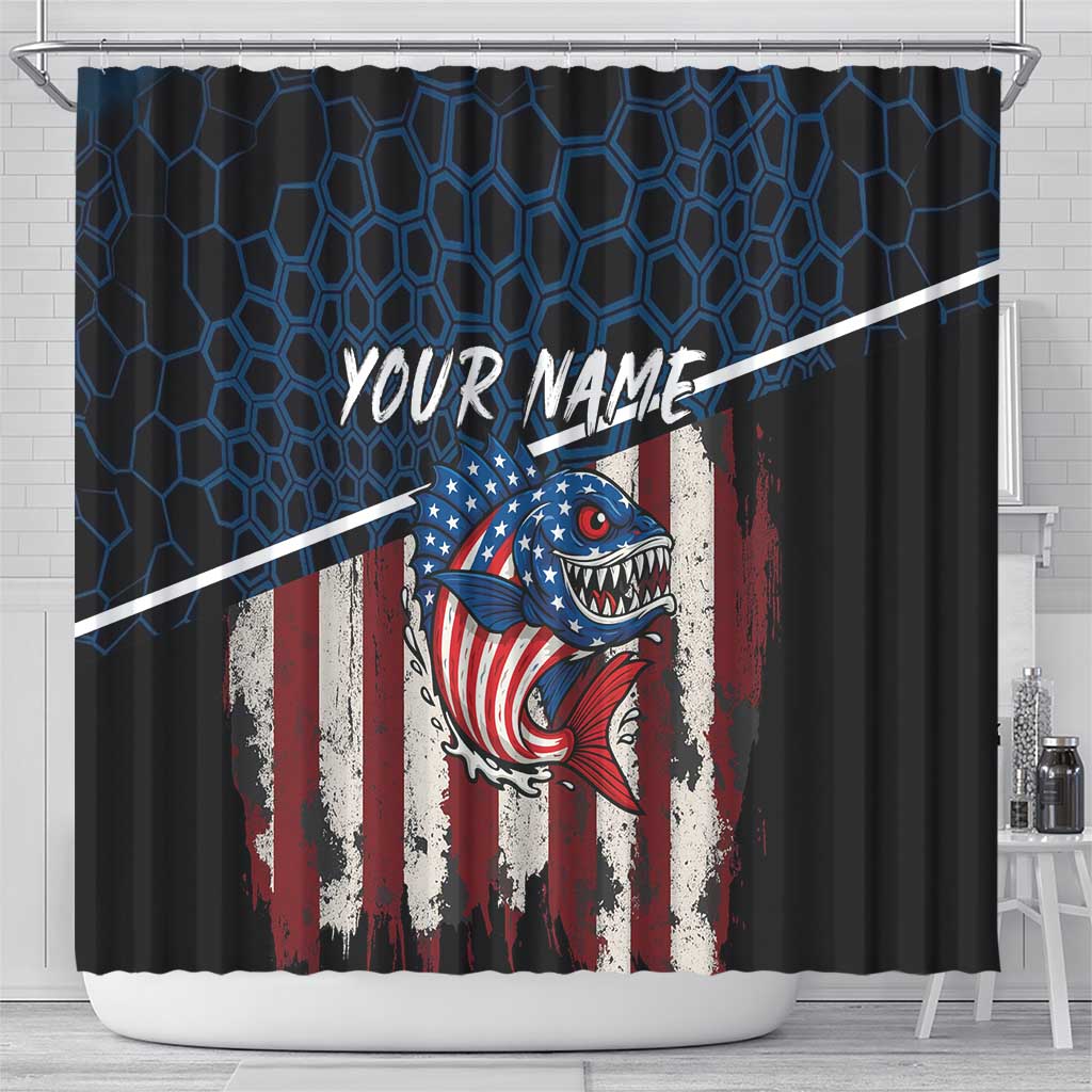 Aggressive Bass Fishing Shower Curtain with American Flag Pattern on Grunge Hex Background - Wonder Print Shop