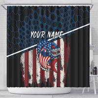 Aggressive Bass Fishing Shower Curtain with American Flag Pattern on Grunge Hex Background - Wonder Print Shop
