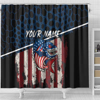 Aggressive Bass Fishing Shower Curtain with American Flag Pattern on Grunge Hex Background - Wonder Print Shop