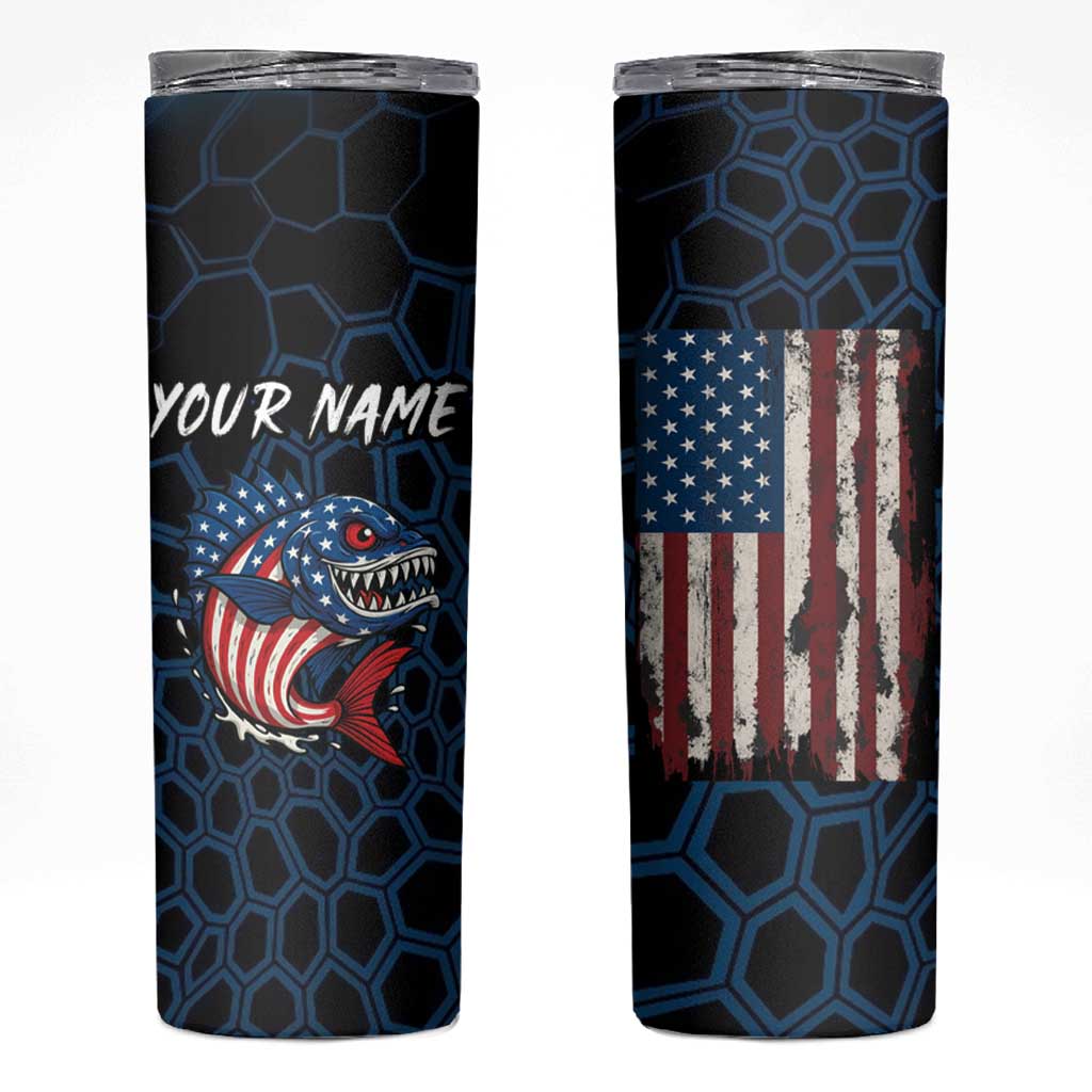 Aggressive Bass Fishing Skinny Tumbler with American Flag Pattern on Grunge Hex Background - Wonder Print Shop