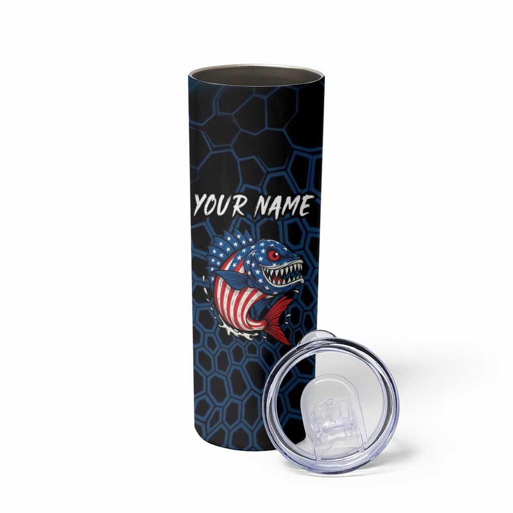 Aggressive Bass Fishing Skinny Tumbler with American Flag Pattern on Grunge Hex Background - Wonder Print Shop