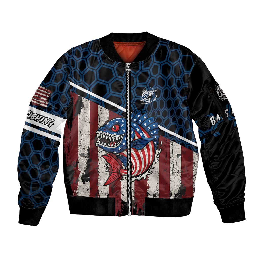 Aggressive Bass Fishing Sleeve Zip Bomber Jacket with American Flag Pattern on Grunge Hex Background - Wonder Print Shop