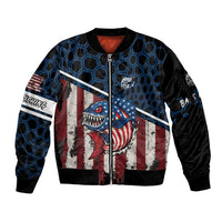 Aggressive Bass Fishing Sleeve Zip Bomber Jacket with American Flag Pattern on Grunge Hex Background - Wonder Print Shop