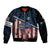 Aggressive Bass Fishing Sleeve Zip Bomber Jacket with American Flag Pattern on Grunge Hex Background - Wonder Print Shop