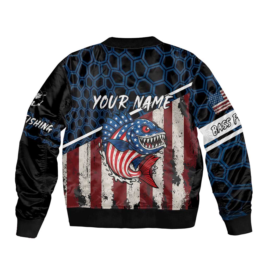 Aggressive Bass Fishing Sleeve Zip Bomber Jacket with American Flag Pattern on Grunge Hex Background - Wonder Print Shop
