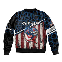 Aggressive Bass Fishing Sleeve Zip Bomber Jacket with American Flag Pattern on Grunge Hex Background - Wonder Print Shop
