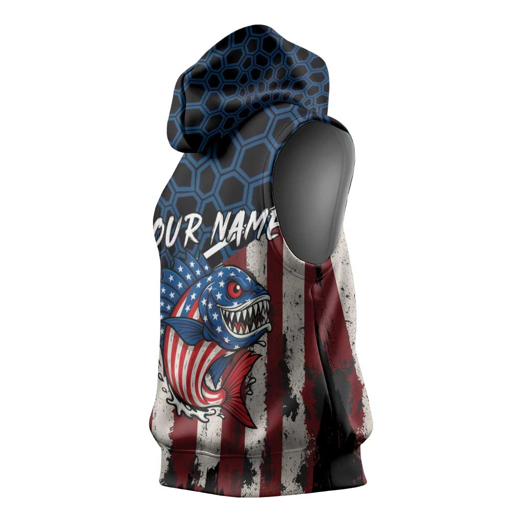 Aggressive Bass Fishing Sleeveless Hoodie with American Flag Pattern on Grunge Hex Background - Wonder Print Shop