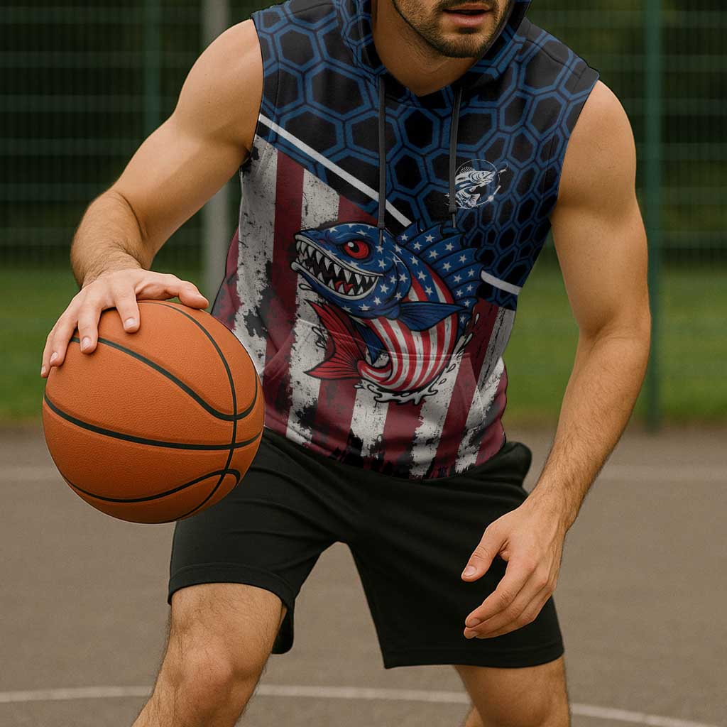 Aggressive Bass Fishing Sleeveless Hoodie with American Flag Pattern on Grunge Hex Background - Wonder Print Shop