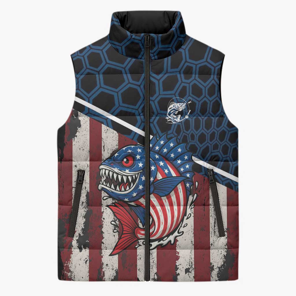 Aggressive Bass Fishing Sleeveless Puffer Jacket with American Flag Pattern on Grunge Hex Background - Wonder Print Shop