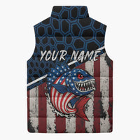 Aggressive Bass Fishing Sleeveless Puffer Jacket with American Flag Pattern on Grunge Hex Background - Wonder Print Shop
