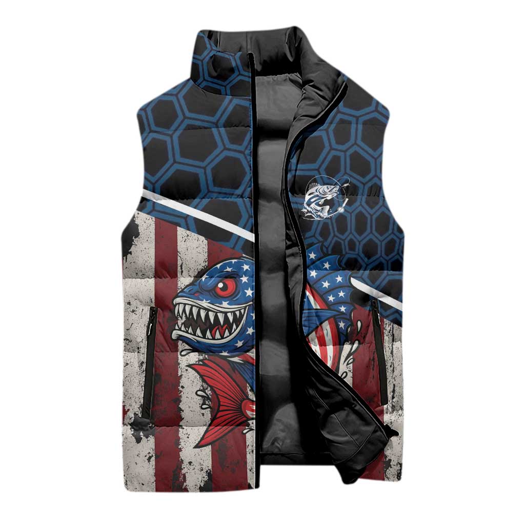 Aggressive Bass Fishing Sleeveless Puffer Jacket with American Flag Pattern on Grunge Hex Background - Wonder Print Shop