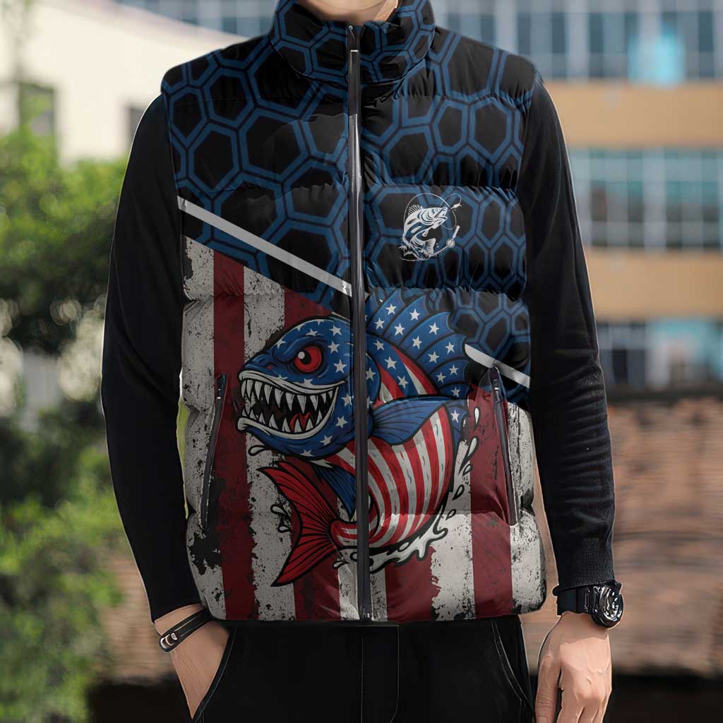 Aggressive Bass Fishing Sleeveless Puffer Jacket with American Flag Pattern on Grunge Hex Background - Wonder Print Shop