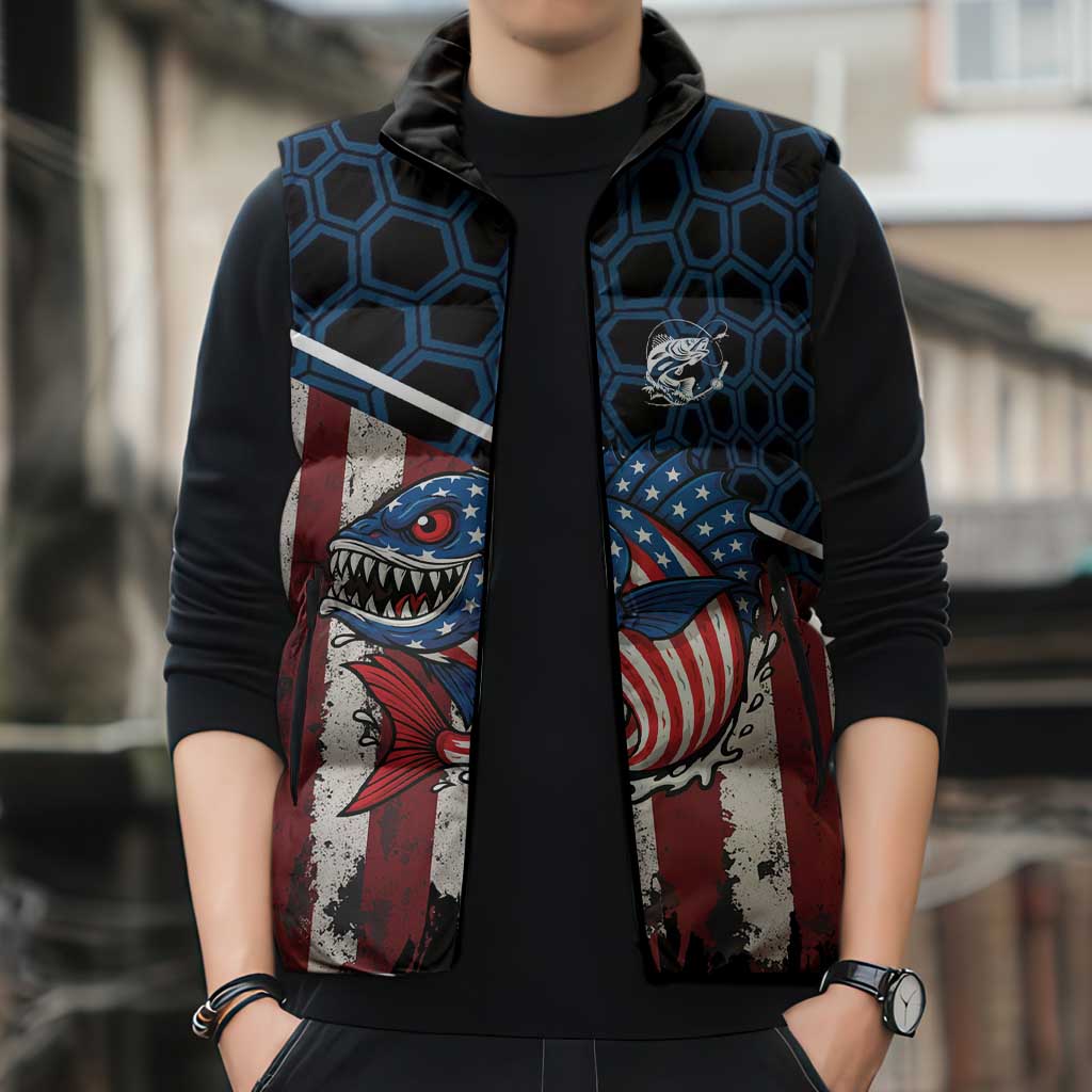 Aggressive Bass Fishing Sleeveless Puffer Jacket with American Flag Pattern on Grunge Hex Background - Wonder Print Shop