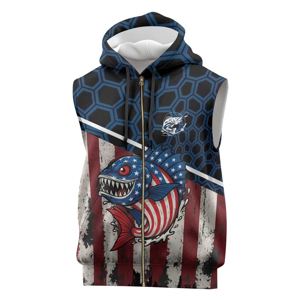 Aggressive Bass Fishing Sleeveless Zip Hoodie with American Flag Pattern on Grunge Hex Background - Wonder Print Shop