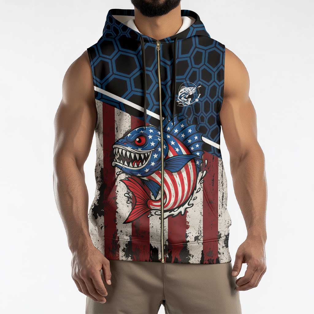 Aggressive Bass Fishing Sleeveless Zip Hoodie with American Flag Pattern on Grunge Hex Background - Wonder Print Shop