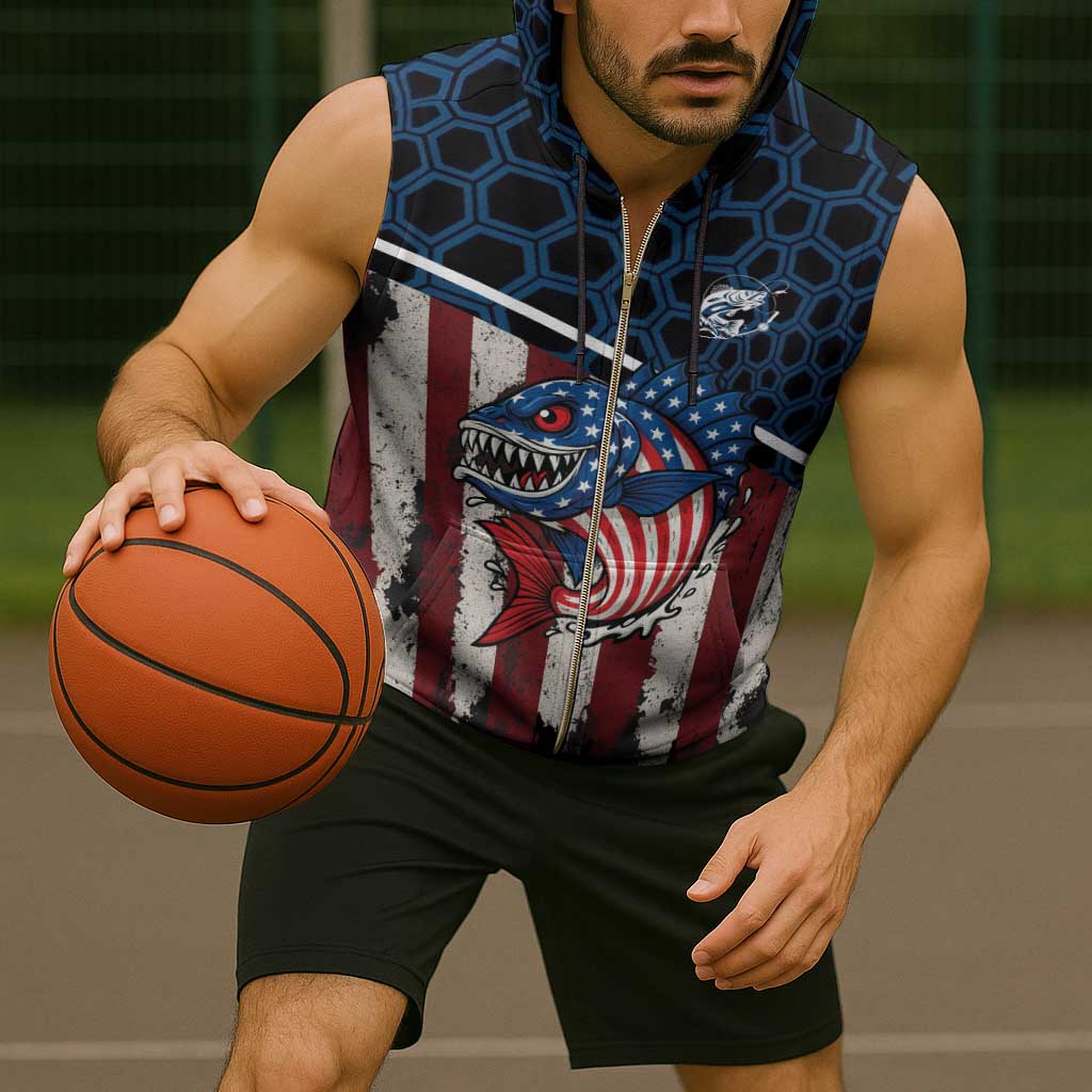 Aggressive Bass Fishing Sleeveless Zip Hoodie with American Flag Pattern on Grunge Hex Background - Wonder Print Shop