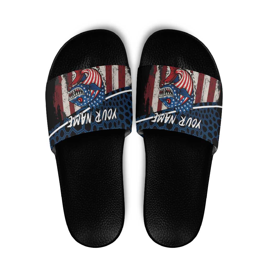 Aggressive Bass Fishing Slide Sandals with American Flag Pattern on Grunge Hex Background - Wonder Print Shop