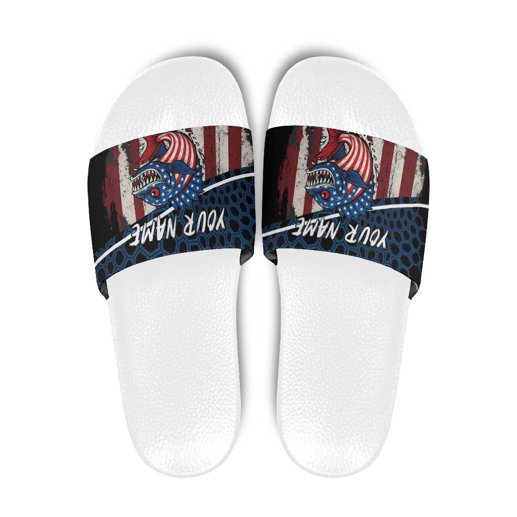 Aggressive Bass Fishing Slide Sandals with American Flag Pattern on Grunge Hex Background - Wonder Print Shop